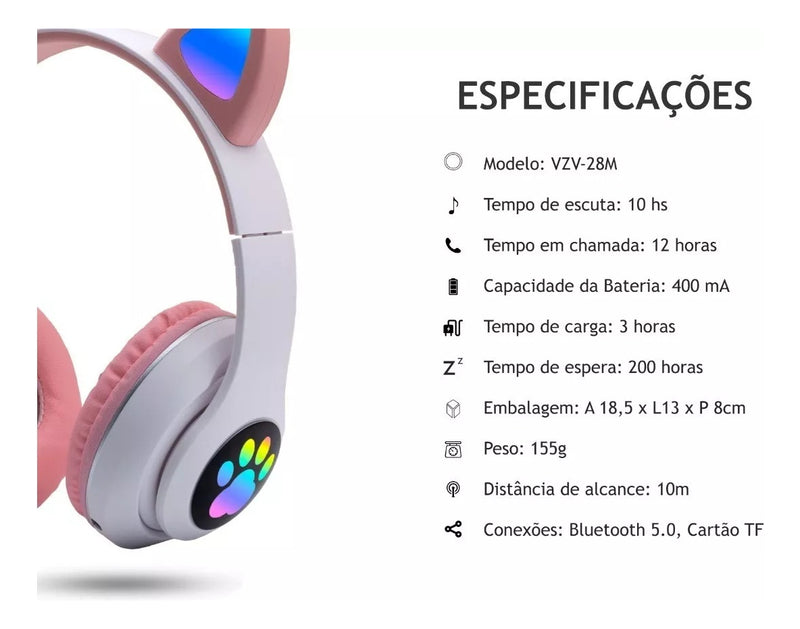 01Smart Fone Gatinho Sem Fio Com Led Bluetooth Infantil Meninas Gato